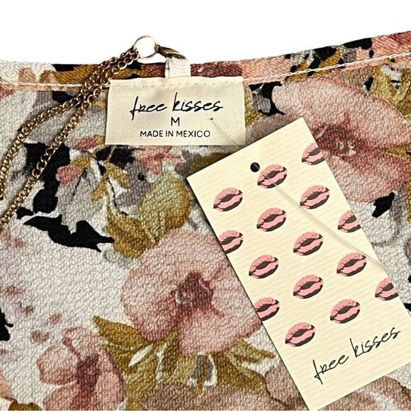 NWT Free Kisses Ivory Pink Black Floral Bell Sleeve Attached Necklace Top Size M - Picture 6 of 9